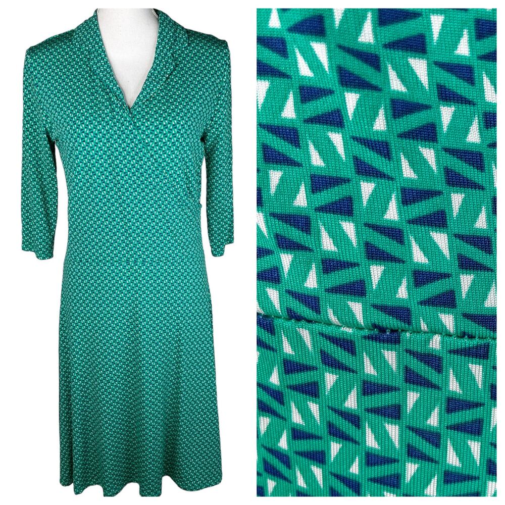 Leota Anchors Aweigh Faux Wrap Dress Geometric Nautical Print Blue Green L